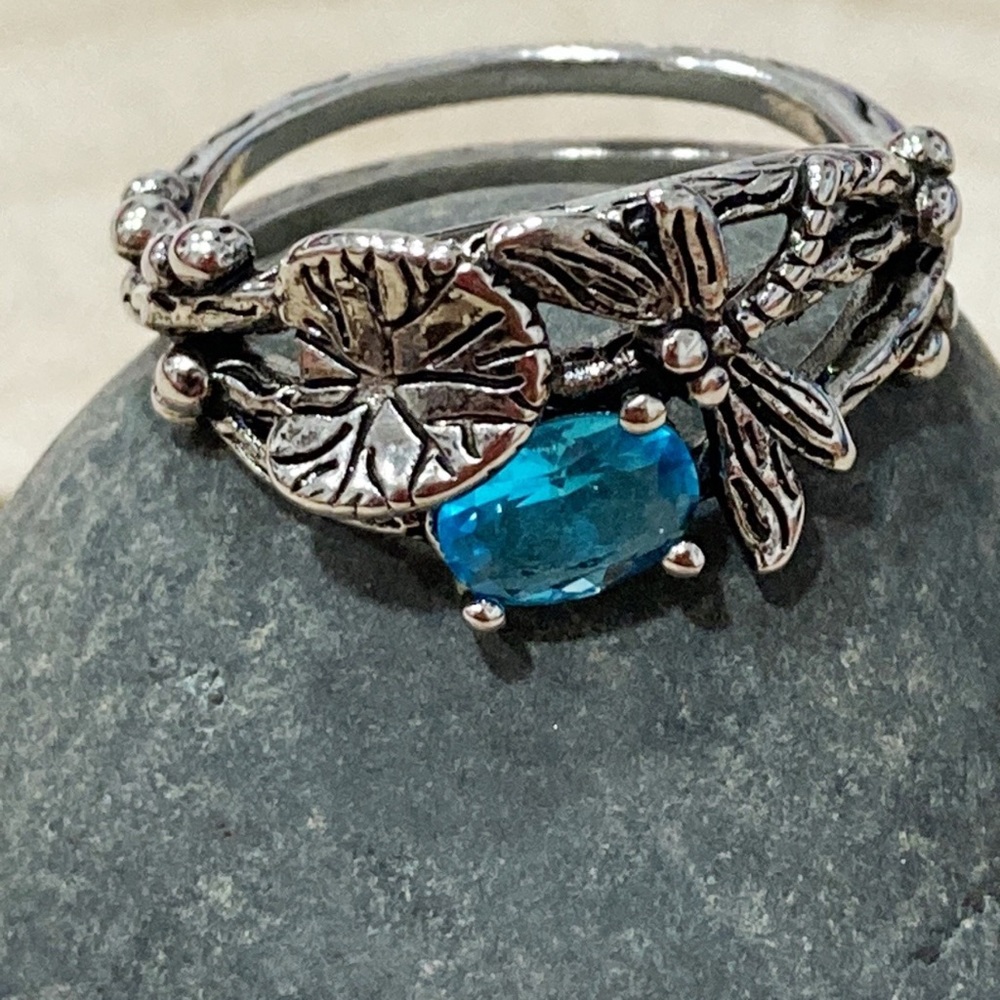 Vtg Style Dragonfly Aquamarine Ring sz 6